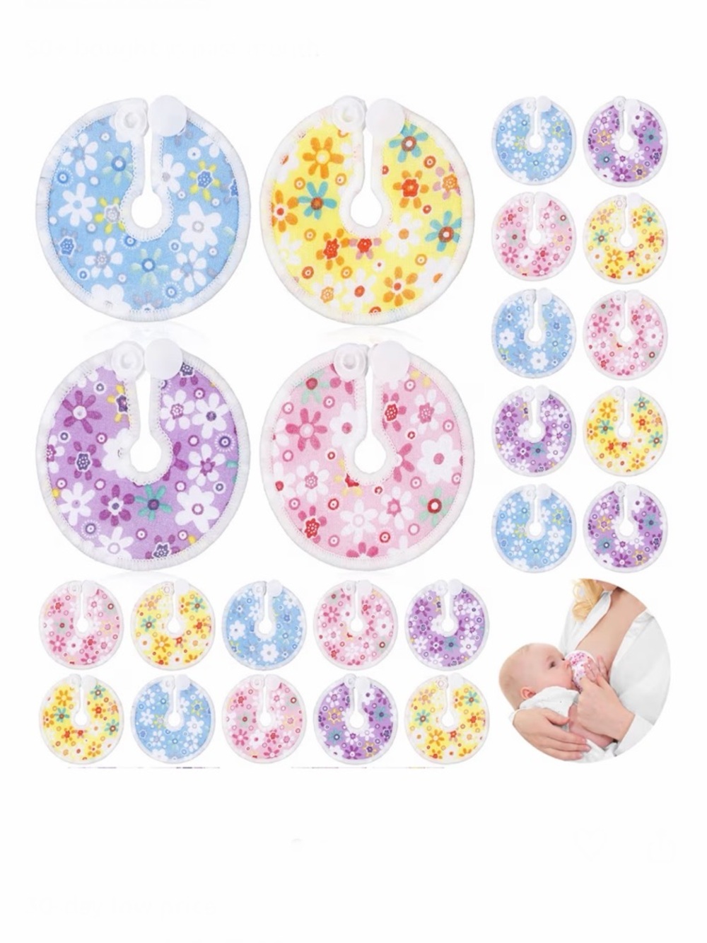 Assorted Floral Nursing Bottle Bibs - Pink, Blue, Yellow, Purple (24 Pack)